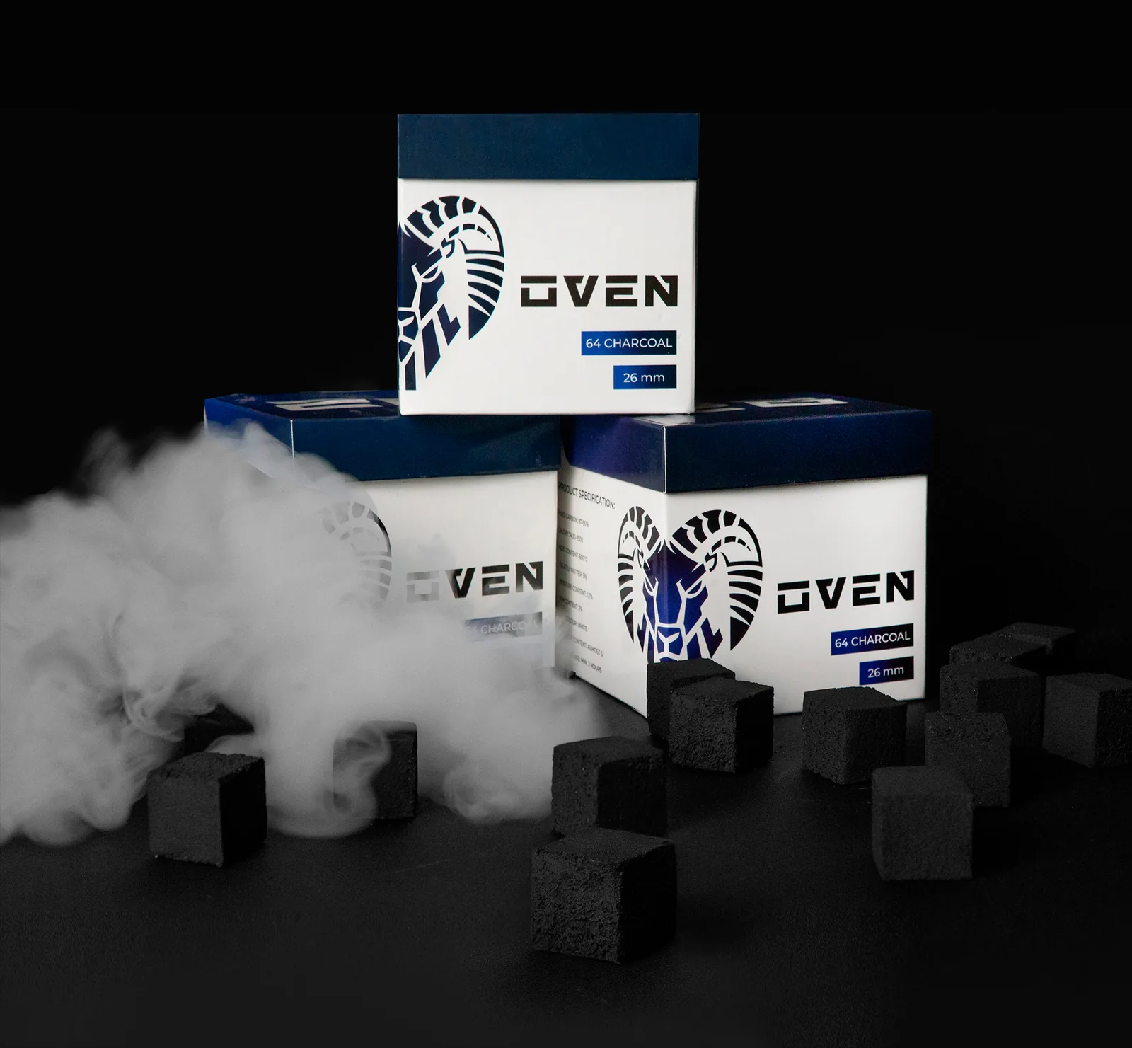 OVEN 26 mm retail boxes with loose coconut charcoal cubes